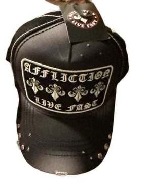 Affliction Live Fast Trucker Hat Black Grey with Studs